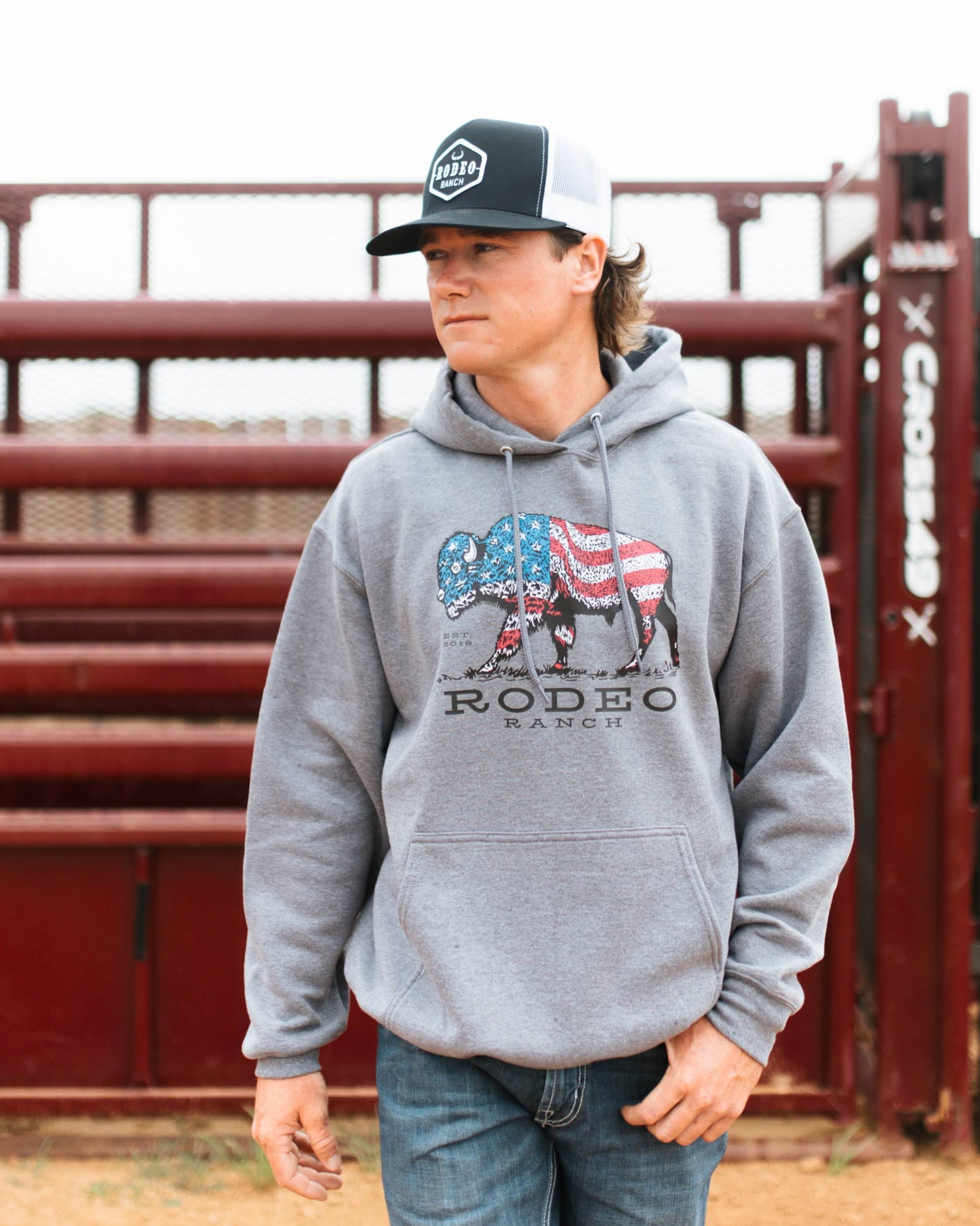 Rodeo Ranch Full Color American Buffalo Hoodie Sweatshirt - Heather Grey