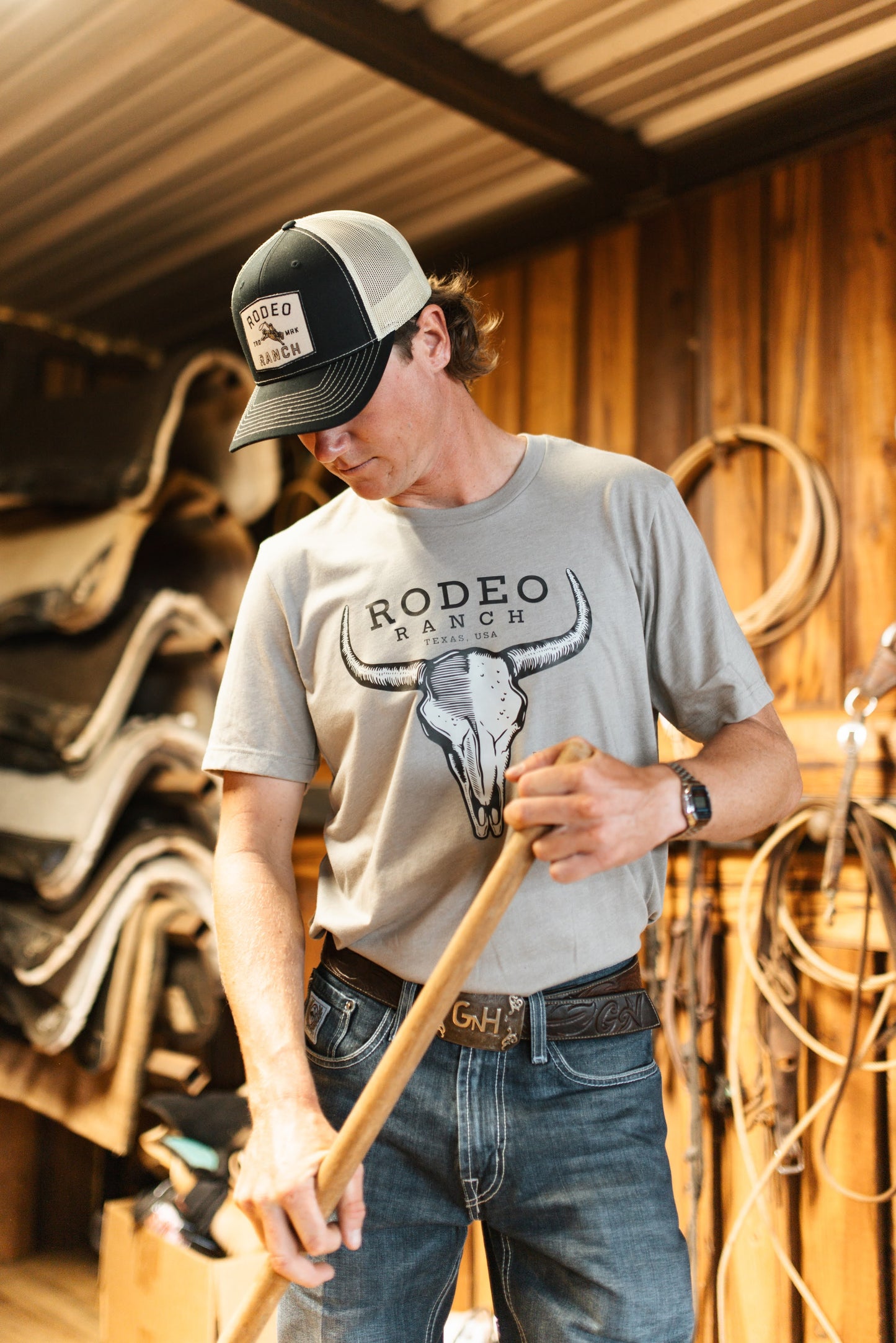 Rodeo Ranch Texas Skull Short Sleeve Shirt - Heather Stone