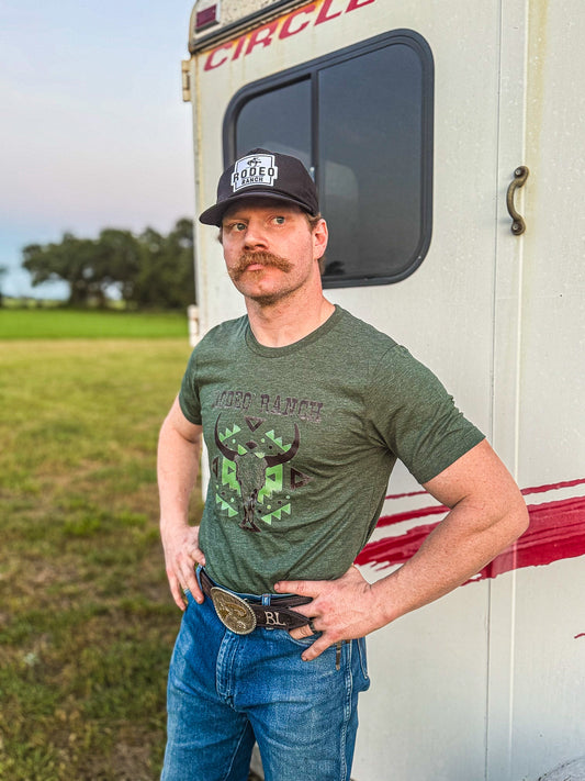 Rodeo Ranch Retro Aztec Skull Short Sleeve Shirt - Heather Forest