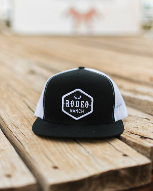 Rodeo Ranch Classic Logo 5 Panel Flat Brim Hat - Black and White