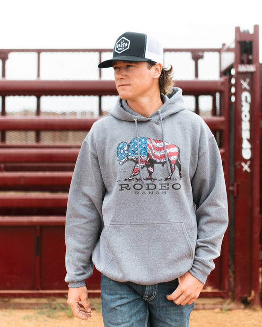 Rodeo Ranch Full Color American Buffalo Hoodie Sweatshirt - Heather Grey